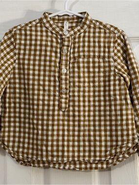 Rylee + Cru Unisex Baby Brown and White Gingham Henley Shirt Long Sleeve